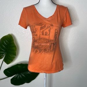 Harley Davidson Rhinestone Orange Distressed Washed Out  Voodoo T Shirt
